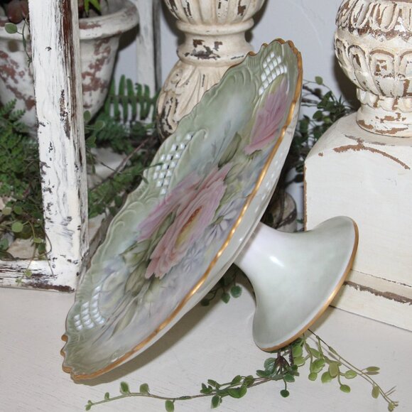 VTG Shabby Chic French Gold Trimmed Pink Floral Cake Plate Pastry Stand Riser - Picture 6 of 8